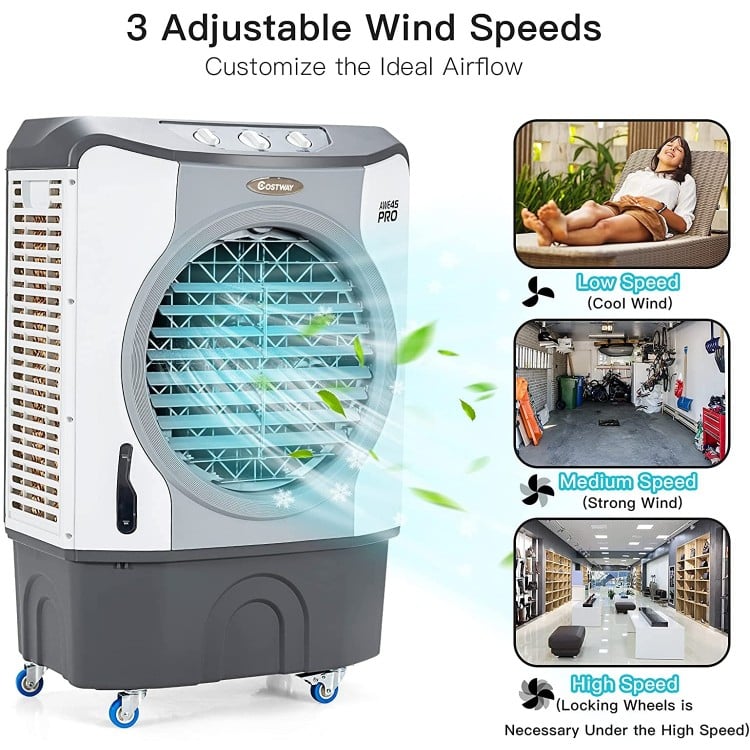 4-in-1 industrial evaporative air cooler fan with 12-gallon tank, adjustable wind speeds, and wheels for easy mobility.