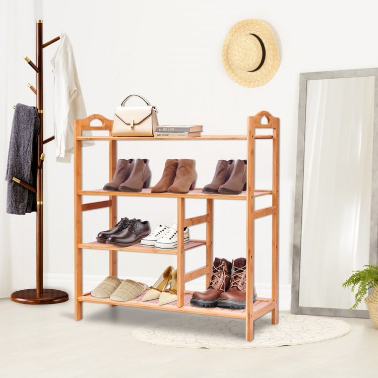 Four-tier bamboo shoe rack with slatted design, ideal for entryway storage and accommodating various shoe sizes.
