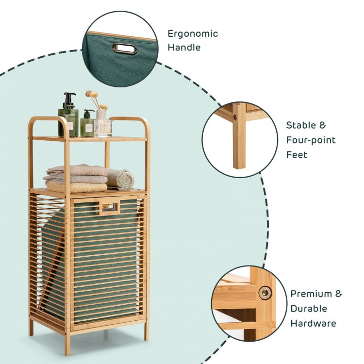 Tilt-out bamboo laundry hamper with removable liner, featuring 2-tier shelf and ergonomic handle for easy access.