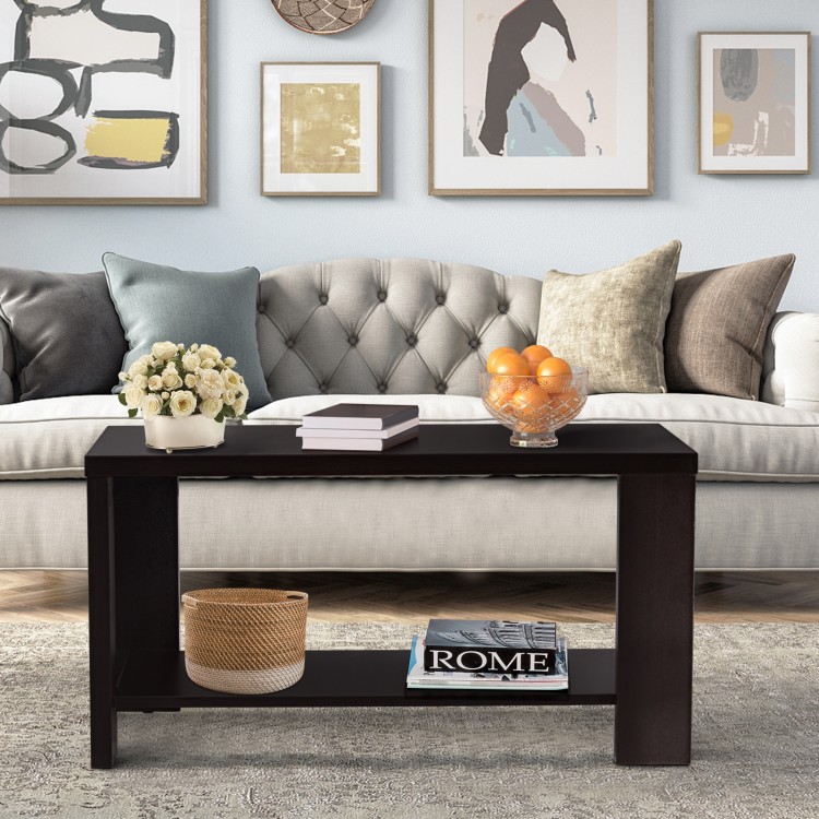 Rectangular cocktail coffee table with a smooth melamine finish, featuring an open shelf for convenient storage and.