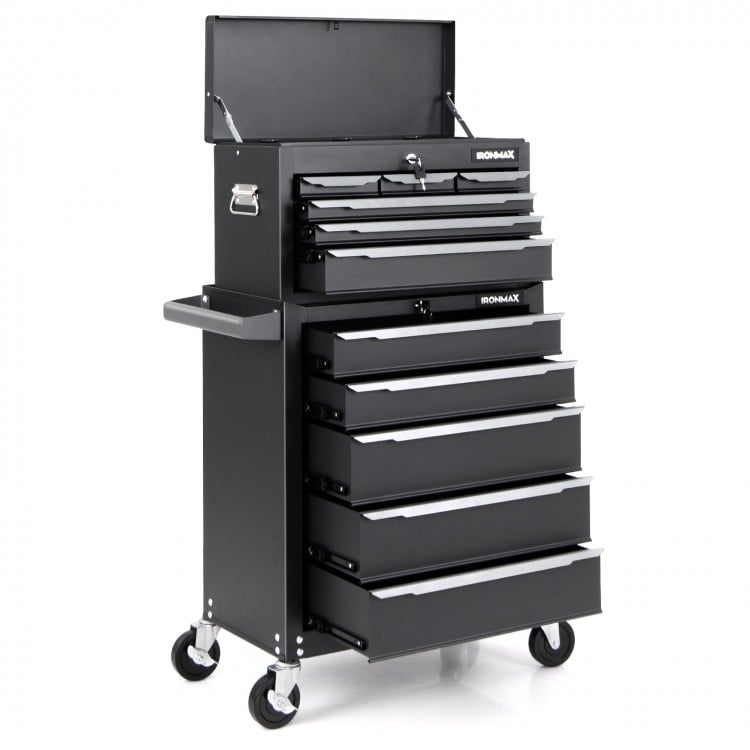 5-drawer black tool storage cabinet with central locking, ball-bearing slides, and swivel wheels for garage or workshop.
