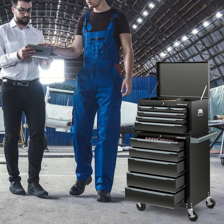 5-drawer black tool storage cabinet with central locking system, swivel wheels, and top platform for versatile workshop.