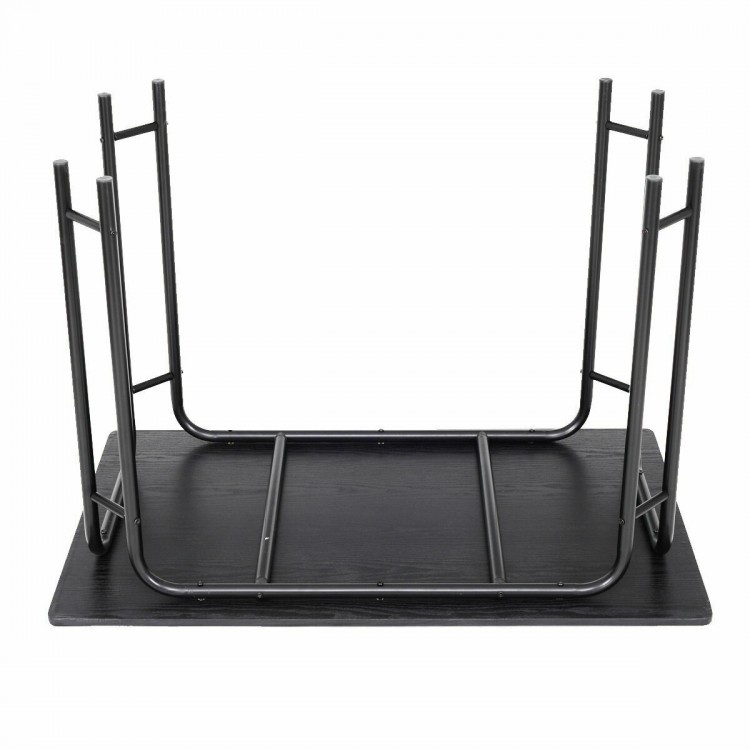 Rectangular dining table set with sturdy iron frame, featuring round corners and non-skid feet for safety and stability.