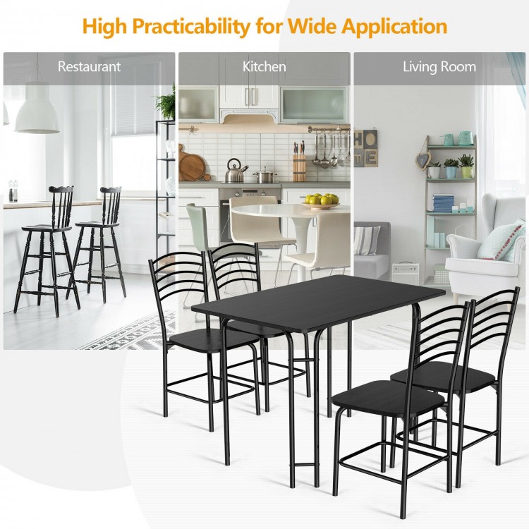 Side view of the 5-piece wood rectangular dining table set with 4 chairs, showcasing its sturdy iron frame and backrest.