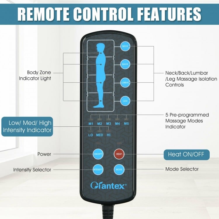 Remote control for the foldable massage mat, featuring heat, 5 massage modes, and intensity settings for targeted.