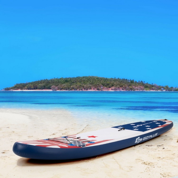 Inflatable stand up paddle board with American flag design, perfect for surfing, yoga, and fishing on water.
