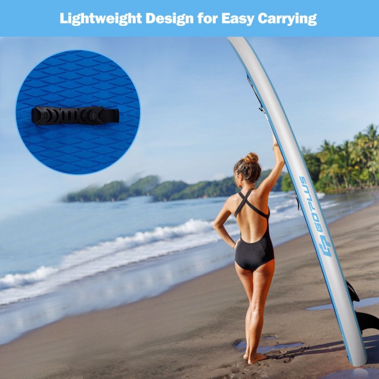 10 feet inflatable stand up paddle board with convenient handle, featuring non-slip EVA deck for enhanced stability.