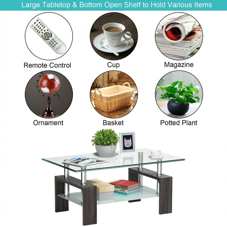 Rectangular tempered glass coffee table with a bottom shelf, featuring modern design and sturdy black powder-coated.