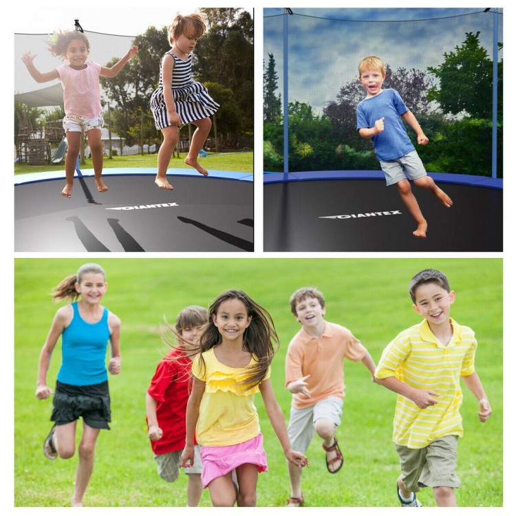 Children jumping on a 15-foot outdoor trampoline with safety enclosure net, promoting fun and active play in the.