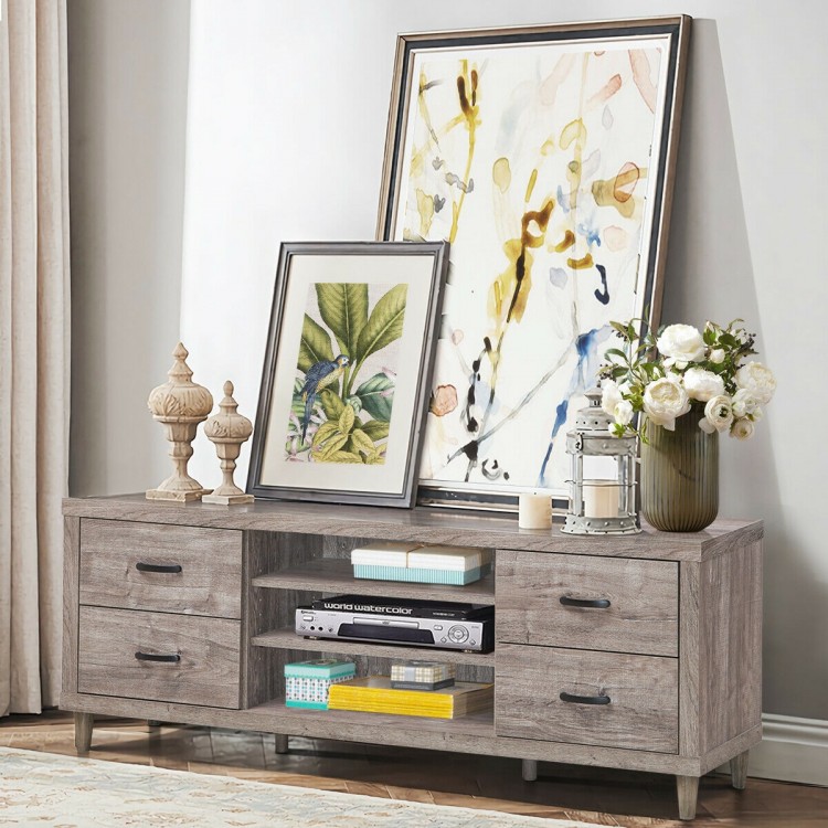 Retro wooden TV stand featuring 3 open shelves and 4 drawers, designed for flat screen TVs up to 65", enhancing living.
