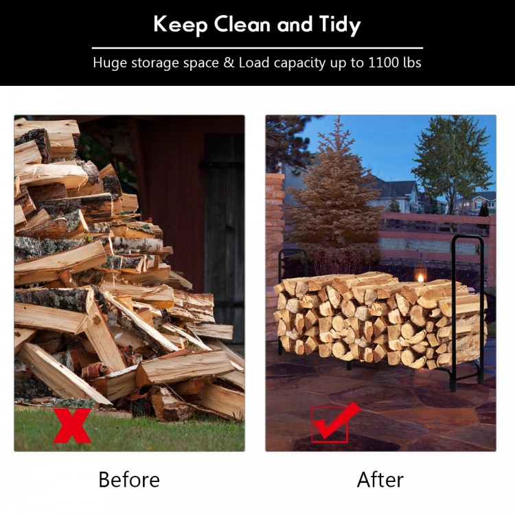 8-foot outdoor steel firewood log rack, durable and rustproof, holds up to 1100 lbs for organized wood storage.