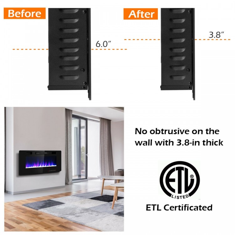42-inch recessed ultra-thin electric fireplace, 3.8 inches thick, with 12 flame colors and remote control for easy use.
