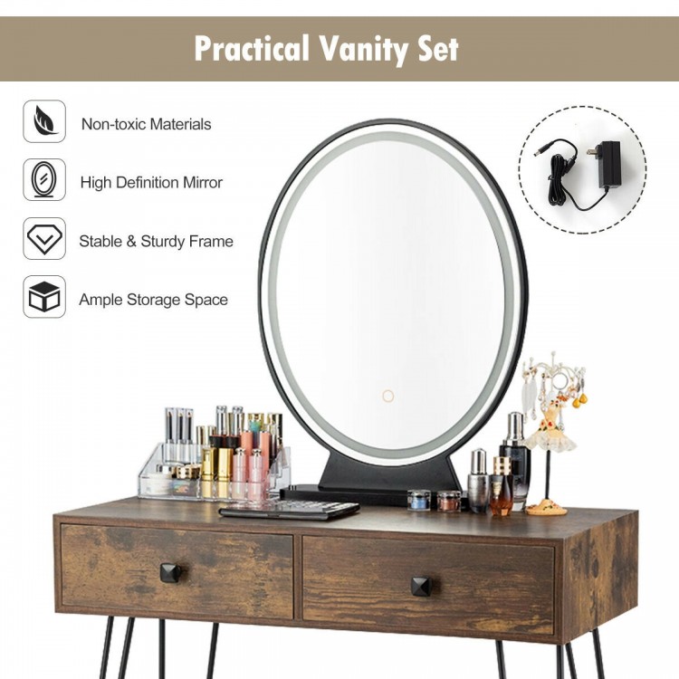 Industrial makeup dressing table in rustic brown with touch screen mirror and ample storage for cosmetics and jewelry.