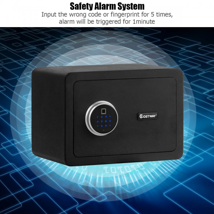 2-layer security safe deposit box with fingerprint recognition, LED light, and sound alarm for protecting valuables.