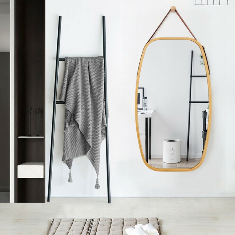 30-inch modern rectangle wall-mounted mirror with bamboo frame and adjustable leather strap, perfect for any room decor.