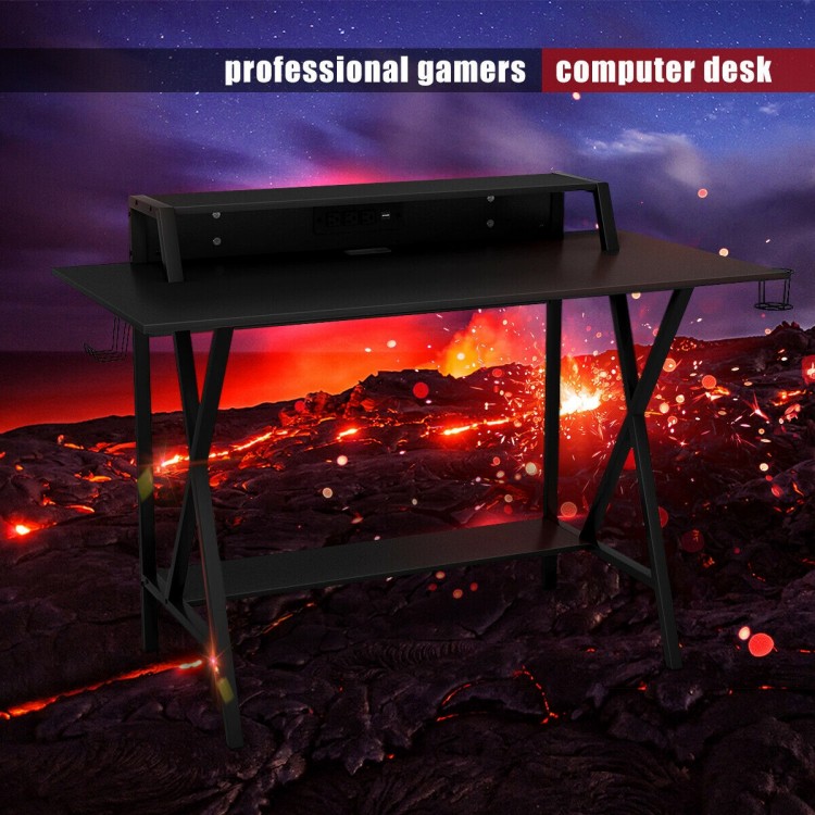 All-in-One Professional Gaming Desk with monitor stand, cup holder, and headphone holder for gamers in sleek black.