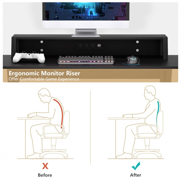 All-in-one professional gaming desk with ergonomic monitor riser, cup and headphone holder for improved posture and.