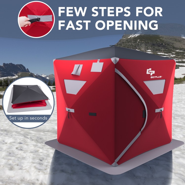 Portable 2-person pop-up ice shelter fishing tent in red, made from durable 300D oxford fabric for cold protection.