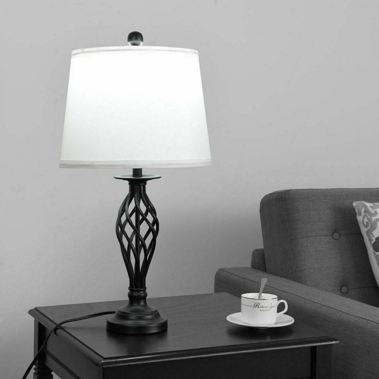Table lamp from a 3-piece lamp set featuring a metal base and white fabric shade, ideal for modern or rustic decor.