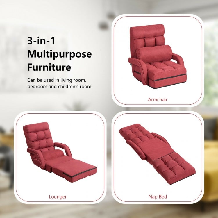 Red folding lazy floor chair with armrests and pillow, adjustable back support for living room or dorm use.