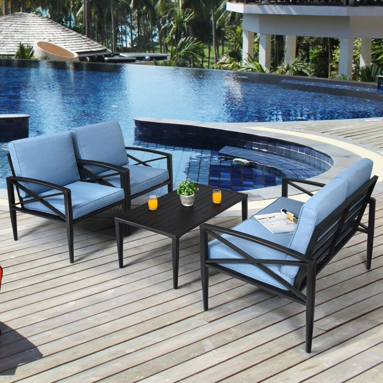 Cushioned patio sofa set with aluminum frame, featuring 2 single sofas and a loveseat, perfect for outdoor relaxation.