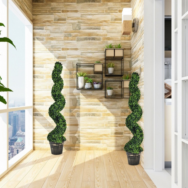 Two 4-foot artificial spiral boxwood topiary plants in golden pots, perfect for indoor and outdoor decor.
