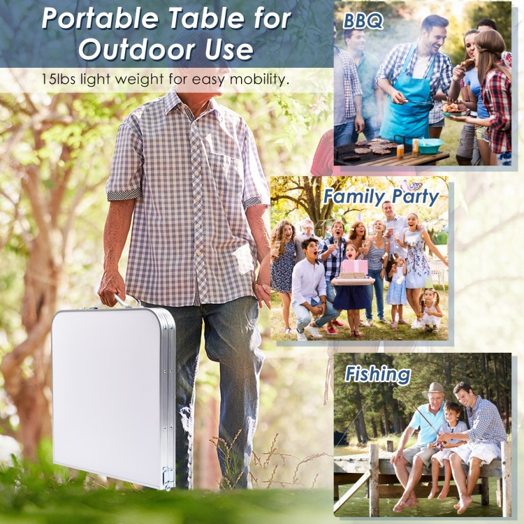 Height adjustable folding camping table in blue, lightweight design for easy transport, ideal for outdoor activities.