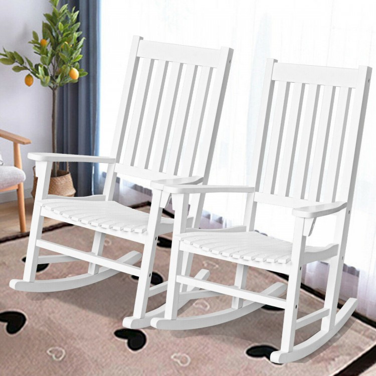 White acacia wood high back rocking chairs with contoured seats, ideal for indoor and outdoor relaxation.