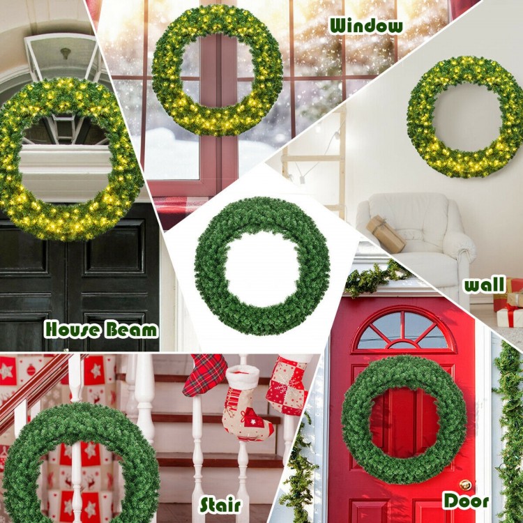 48-inch pre-lit artificial Christmas wreath with 200 warm LED lights, perfect for decorating doors, windows, and walls.