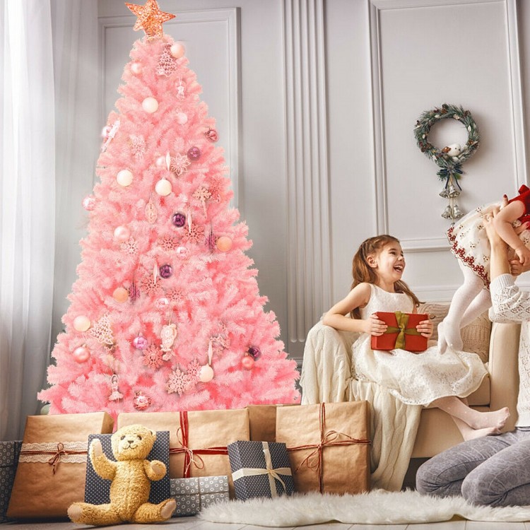 Full view of a 7.5 feet pink artificial Christmas tree with a lush design, perfect for festive home decor.