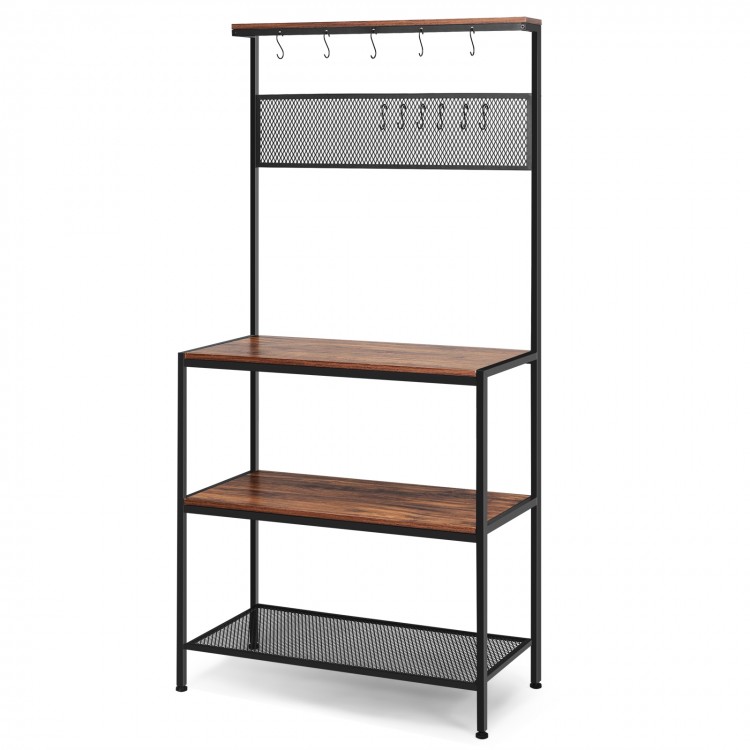 4-tier kitchen rack stand featuring 3 wooden shelves, a mesh panel, and 11 hooks for versatile storage and organization.