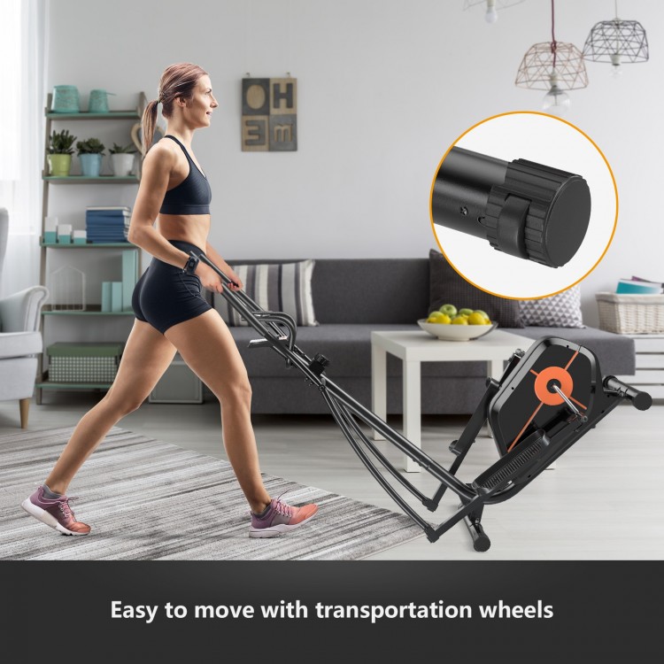 Elliptical exercise machine with LCD monitor and front transportation wheels for easy movement during home workouts.