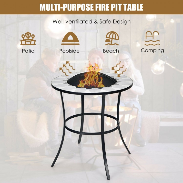 Round fire pit table with mesh cover and poker, made of durable steel, ideal for outdoor gatherings on patio or.
