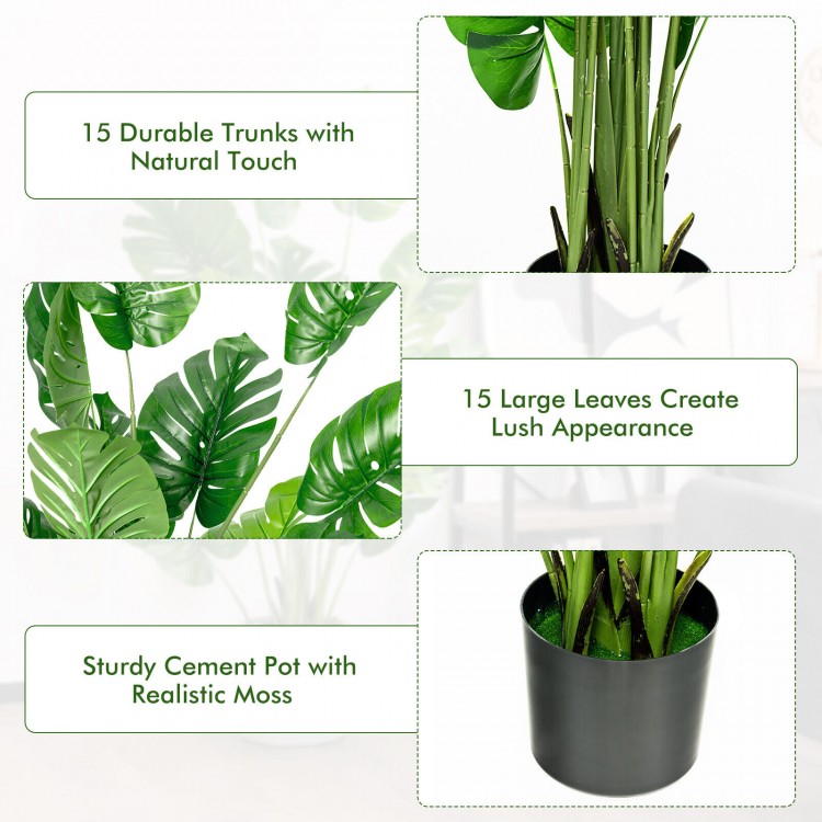 5 feet artificial monstera tree set with 15 large PEVA leaves and sturdy trunks in a solid cement pot for vibrant decor.