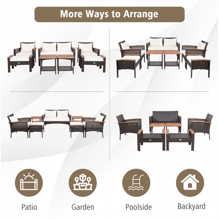 7-piece patio rattan furniture set arranged in multiple configurations, featuring cushioned seating and sturdy steel.