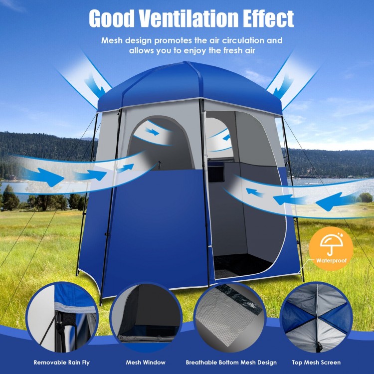 Double-room camping toilet tent in blue with mesh design for ventilation, waterproof fabric, and portable storage bag.