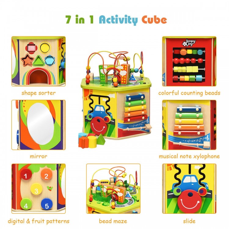 Colorful 7-in-1 wooden activity cube toy featuring a bead maze, xylophone, shape sorter, and slide for early learning.