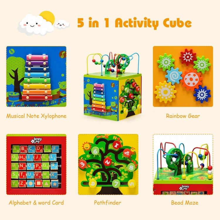 5-in-1 wooden activity cube toy featuring a bead maze, xylophone, and rainbow gear for early educational fun.