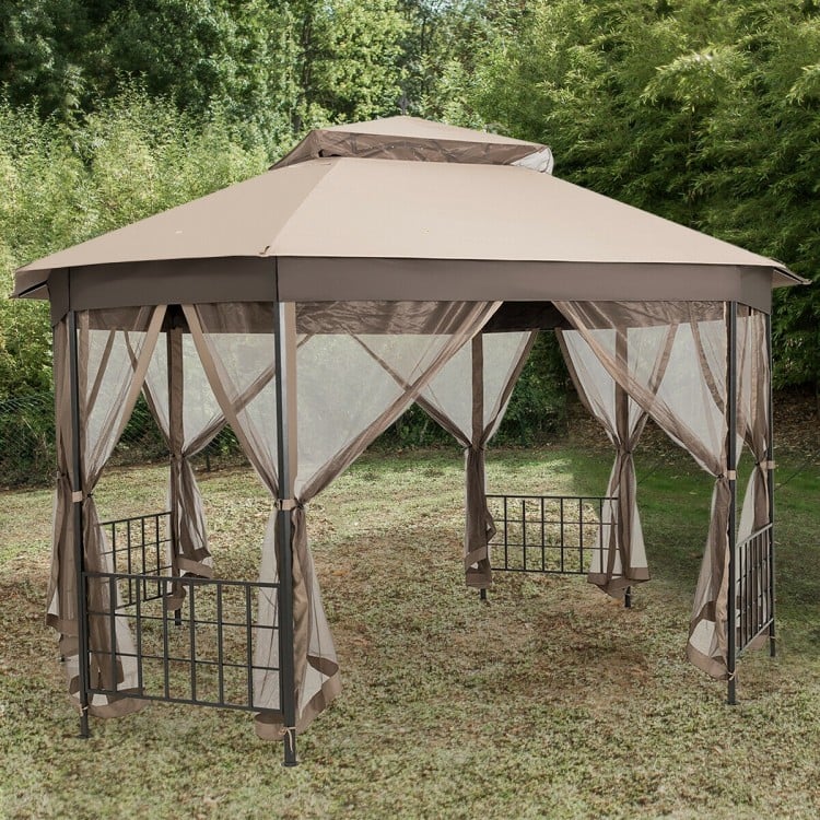 Octagonal 10’x12’ brown patio gazebo featuring four square decorative panels, perfect for enhancing outdoor events and.