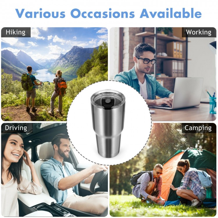 30oz stainless steel tumbler cup with lid, perfect for hiking, working, driving, and camping, featuring double-wall.