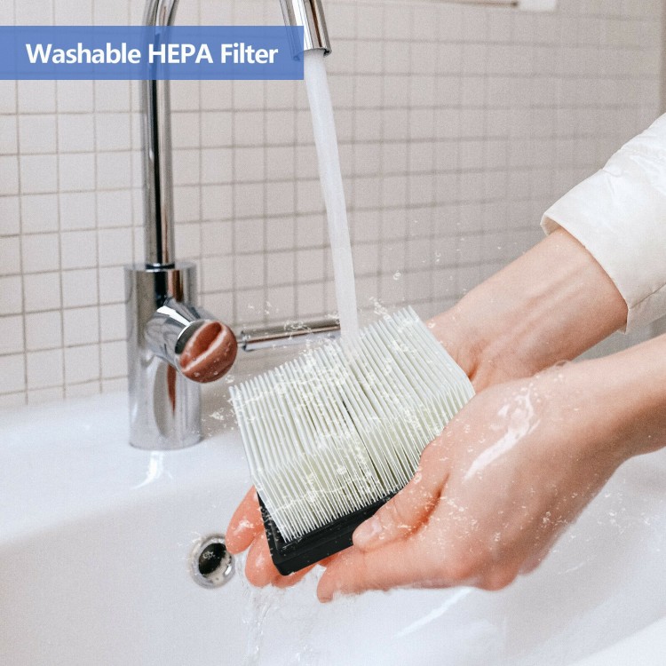 Washable HEPA filter being rinsed under water, designed for the 18V cordless wet-dry vacuum for efficient cleanup.