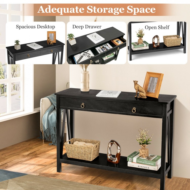 Console table in black with spacious tabletop, deep drawer, and open shelf, perfect for entryway or living room decor.