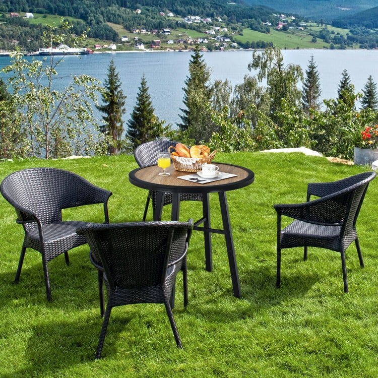 29-inch round patio bistro table with wood-like top, sturdy steel frame, perfect for outdoor dining and leisure.