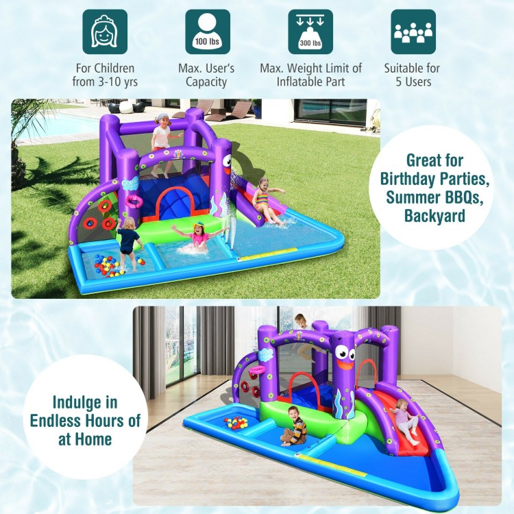 Inflatable water slide castle with octopus design, splash pool, and ball pit for kids' outdoor fun and exercise.