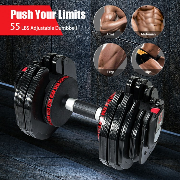 Adjustable 55 lbs dumbbell with ergonomic handle and 18 weight settings for versatile home or gym workouts.