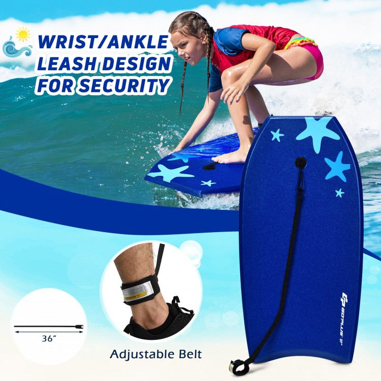 Lightweight 41-inch bodyboard with EPS core and XPE deck, featuring a wrist leash for safety during water sports.