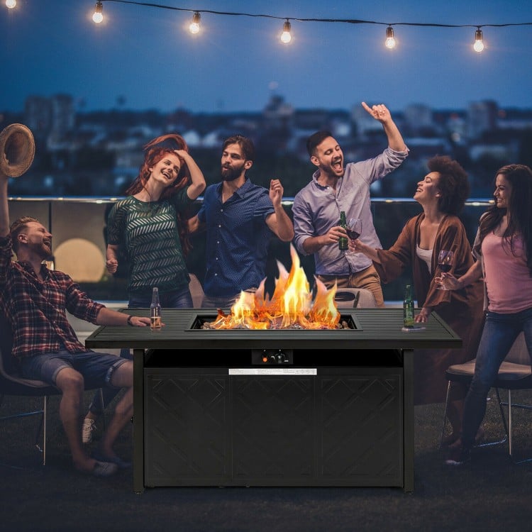 Rectangular 57-inch black propane outdoor fire pit table with 50,000 BTU, perfect for gatherings on the patio.