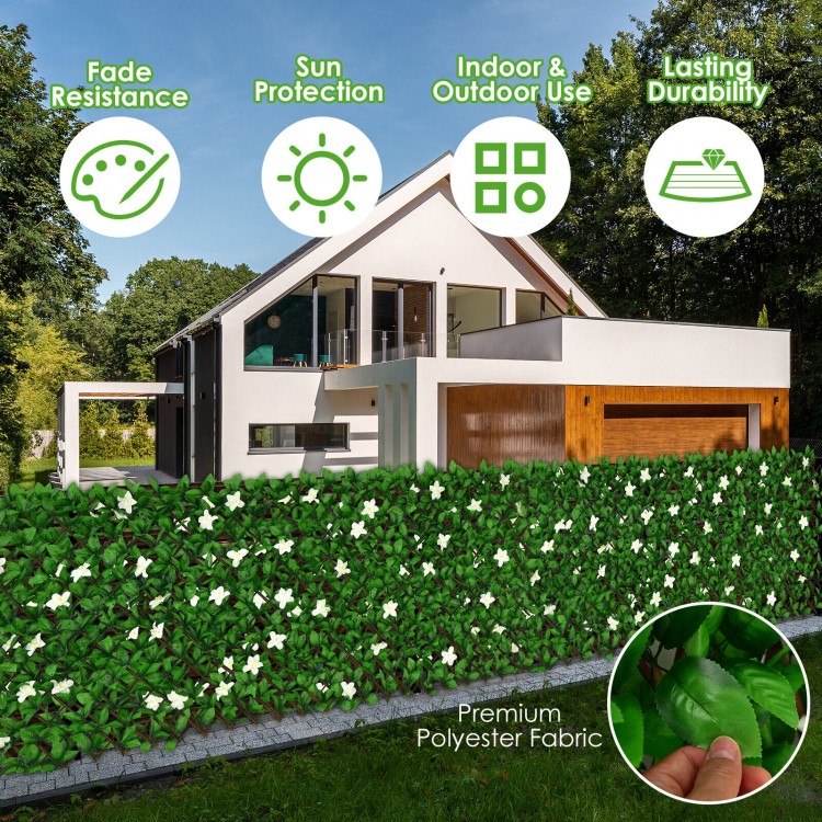 Expandable faux ivy privacy screen fence panel with white flowers, made of fade-resistant polyester fabric for outdoor.