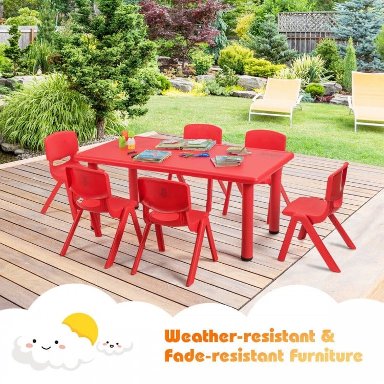 Kids plastic rectangular learn and play table in red, weather-resistant for indoor and outdoor use, ideal for preschool.