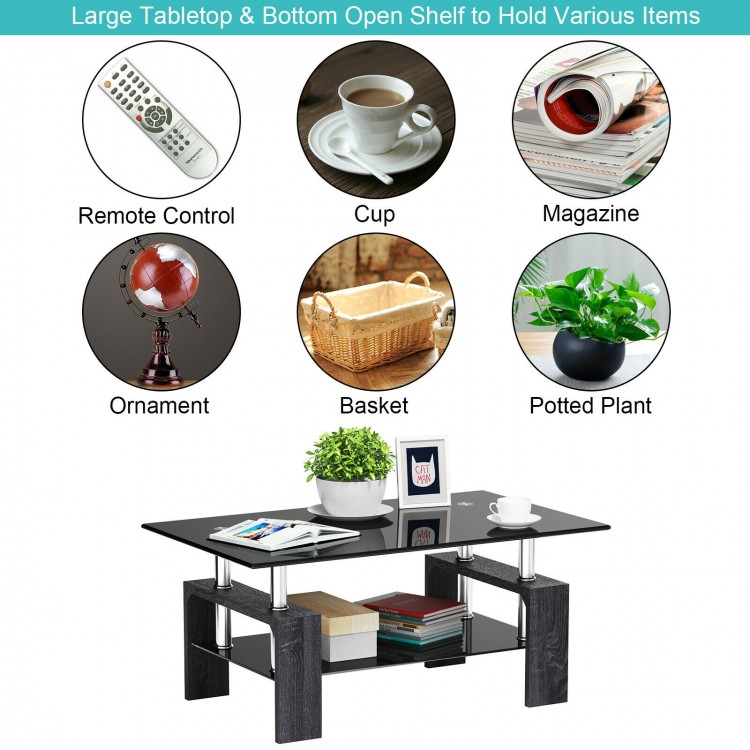Rectangular tempered glass coffee table with gray MDF legs and stainless steel, featuring a large tabletop and open.